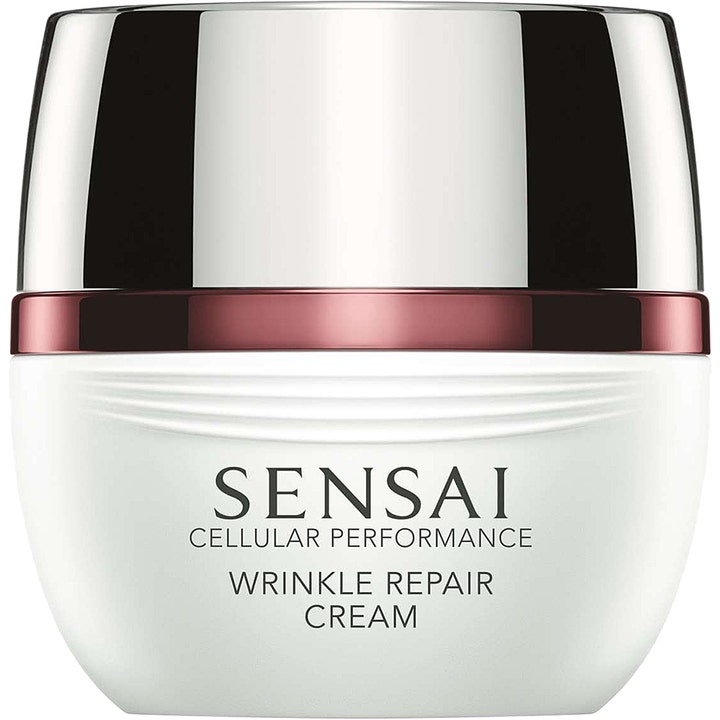 Sensai Cellular Performance Wrinkle Repair Cream rynkecreme i hvid krukke med skinnende sølvlåg og rød detalje