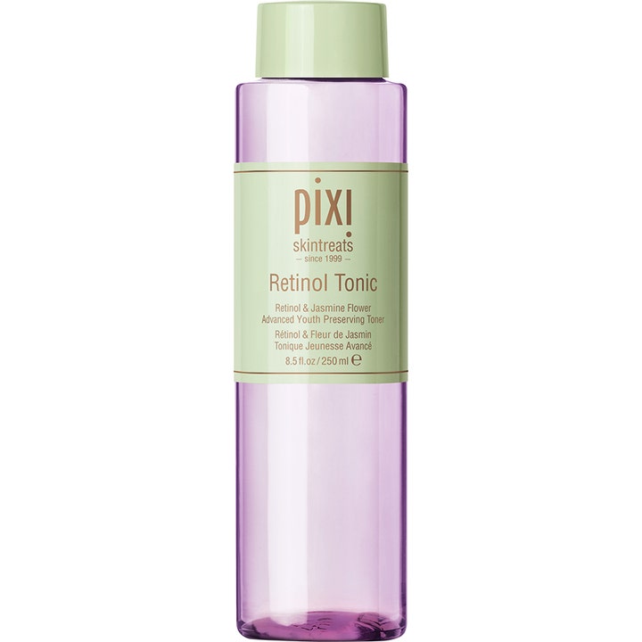 Pixi Retinol Tonic 250 ml anti-aging ansigtstoner i en lilla gennemsigtig plastflaske med lysegrønt låg og etiket.
