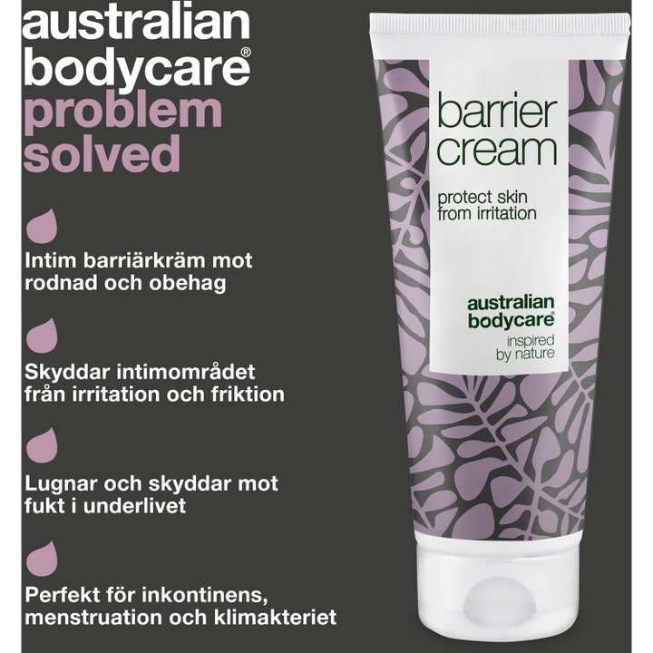 Australian Bodycare Barrier Cream 100 ml intimcreme mod irritation i hvid tube med lilla bladmønster.
