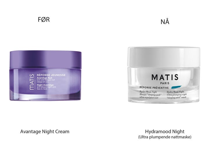 Matis Préventive Hydramood Night 50 ml nattcreme i lilla krukke ved siden af ny hvid glasburk