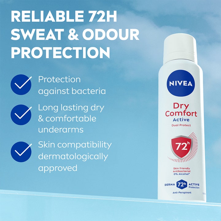 NIVEA Dry Comfort Spray Deospray 150 ml antiperspirant giver 72 timers beskyttelse i hvid sprayflaske mod blå himmel