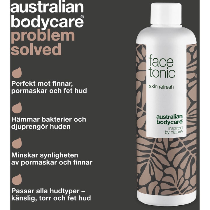 Australian Bodycare Face Tonic 150 ml mod urenheder i hvid flaske med brunt mønster og info om dybderensende effekt