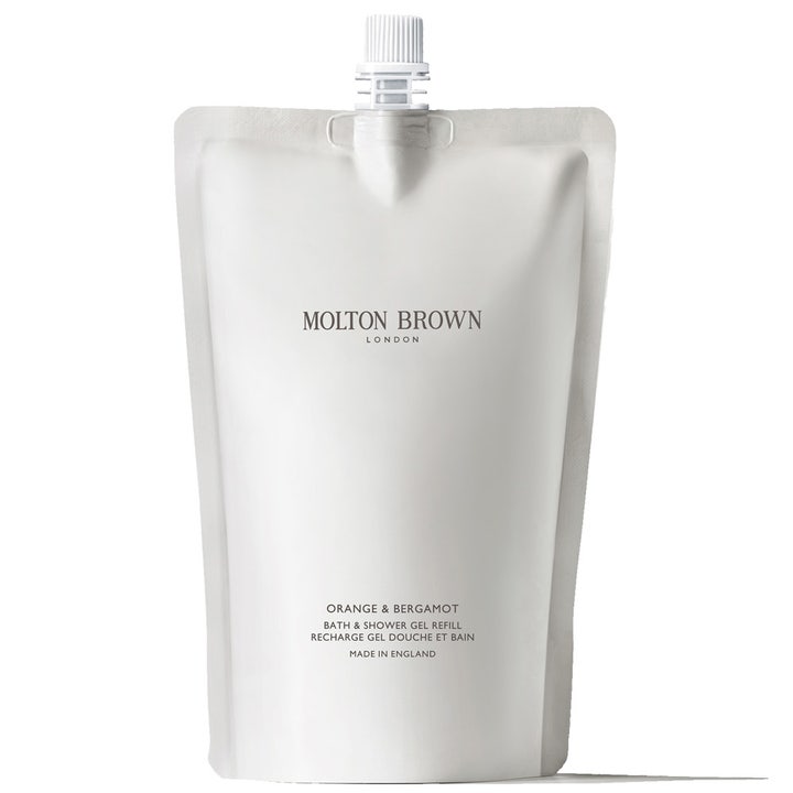 Molton Brown Orange & Bergamot Bath & Shower Gel Refill opfriskende kropsvask i hvid pose med hvidt skruelåg