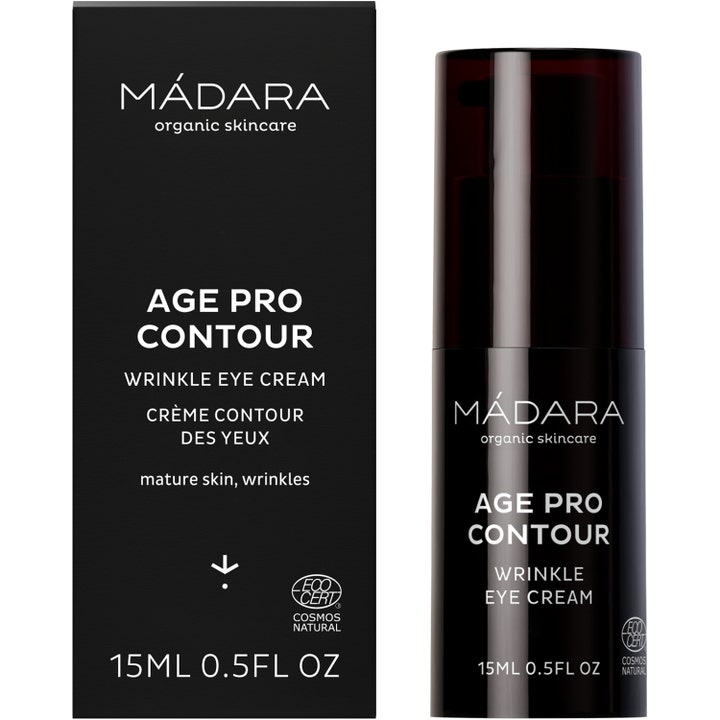 MÁDARA AGE PRO Contour Wrinkle Eye Cream 15 ml øjencreme til rynker i sort æske og mørk pumpeflaske.