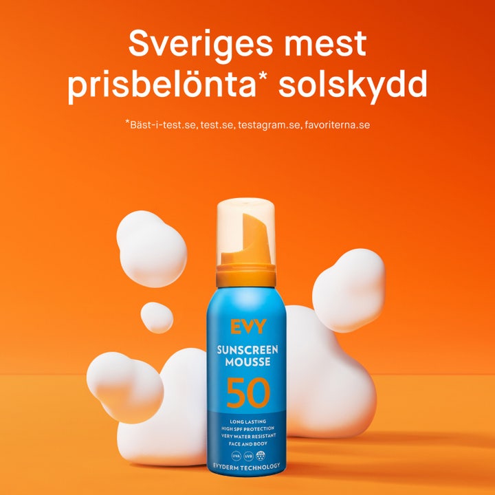 EVY Technology Sunscreen Mousse SPF50 100 ml solcreme med infografik over hudlag og fugtgivende membrane technology