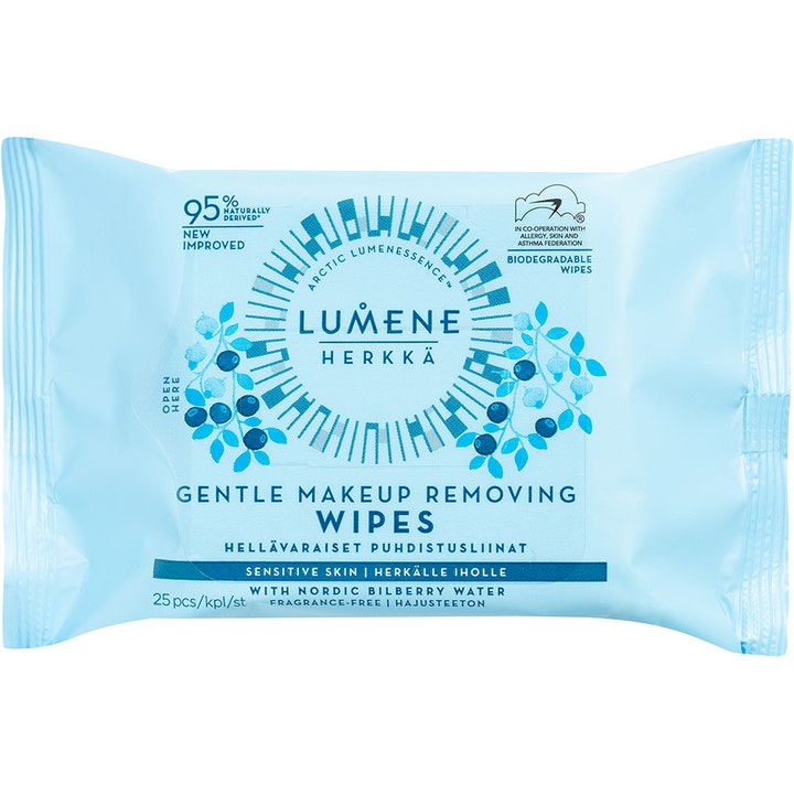 Lumene Herkkä Gentle Makeup Removing Wipes 25 stk beroligende servietter til sart hud i lyseblå pakke med bær