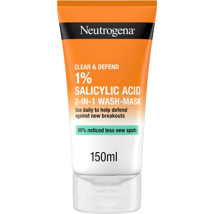 Neutrogena Clear & Defend 1% Salicylic Acid 2-in-1 Wash-Mask 150ml mod urenheder i orange og hvid tube