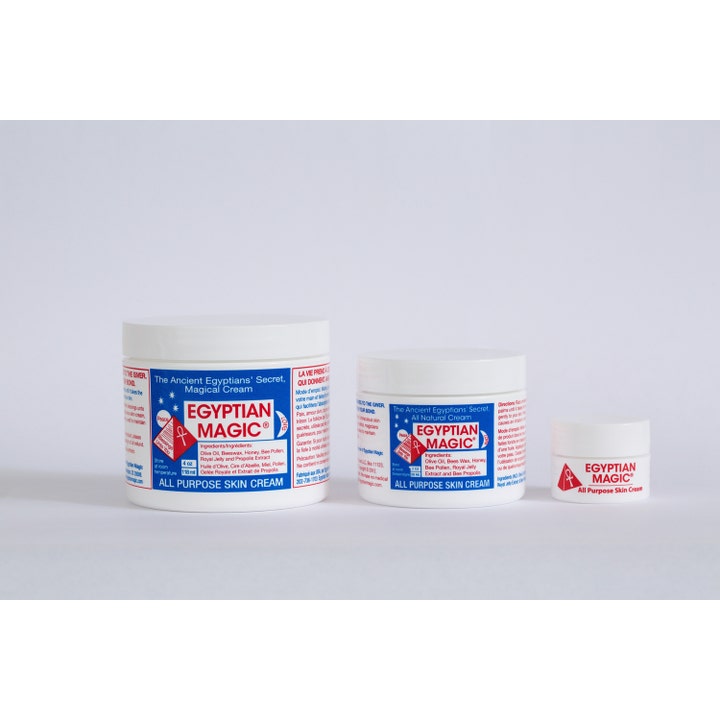 Egyptian Magic All Purpose Skin Cream 7.5 ml fugtgivende creme i tre hvide krukker i forskellige størrelser