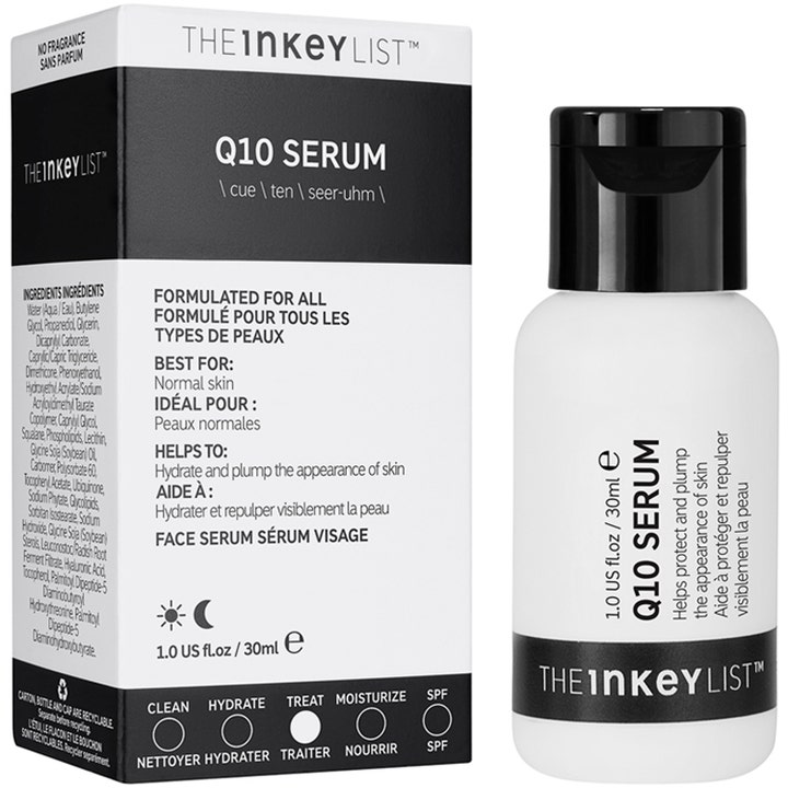 The INKEY List Q10 Serum 30 ml fugtgivende ansigtsserum der plumper huden i hvid flaske med sort låg og æske