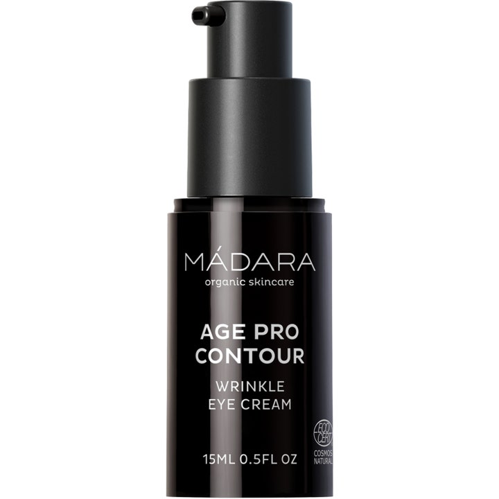 Mádara Age Pro Contour Wrinkle Eye Cream 15 ml øjencreme mod rynker i en elegant sort pumpeflaske med hvid tekst.