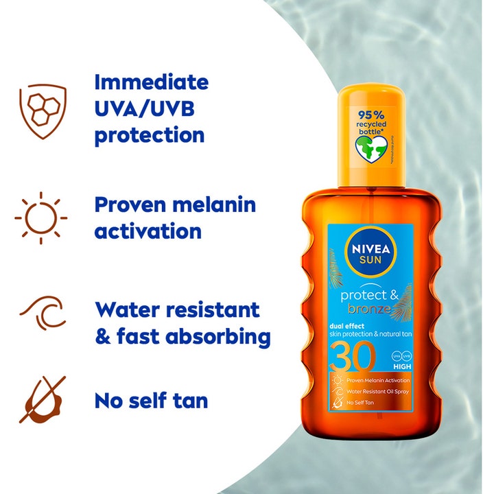 NIVEA Sun Protect & Bronze Oil 200 ml solspray giver høj SPF 30 og naturlig tan i orange sprayflaske.