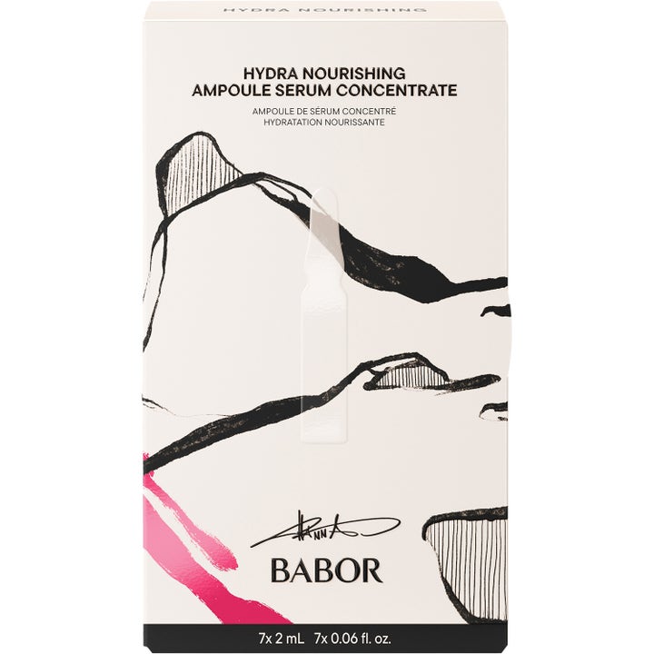 Babor Hydra Nourishing Ampoule Serum Concentrate 7x2 ml nærende serum i hvid æske med sort stregtegning og pink detalje