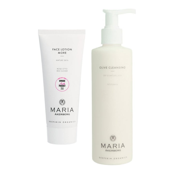 Maria Åkerberg Face Lotion More og Olive Cleansing hudpleje til moden hud i hvid tube og pumpeflaske