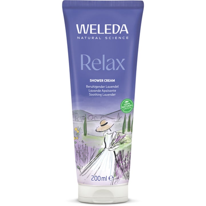 Weleda Relax Shower Cream 200 ml beroligende badekrem i lilla tube med illustration af kvinde i lavendelmark