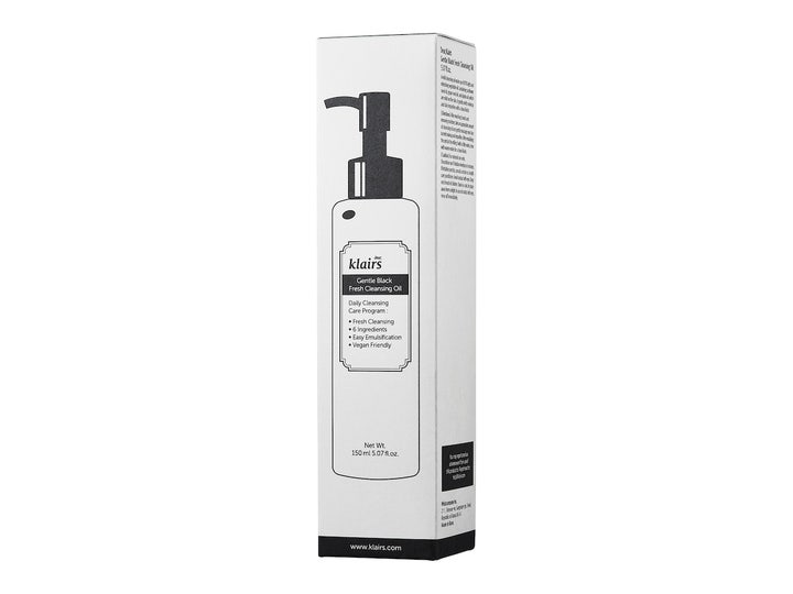 Klairs Gentle Black Cleansing Oil 150 ml vegansk ansigtsrens i hvid papæske med sort pumpeillustration