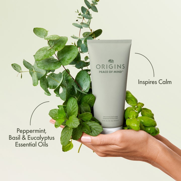 Origins Peace Of Mind Exfoliating Body Scrub 200 ml beroligende kropspleje i grøn tube med friske krydderurter