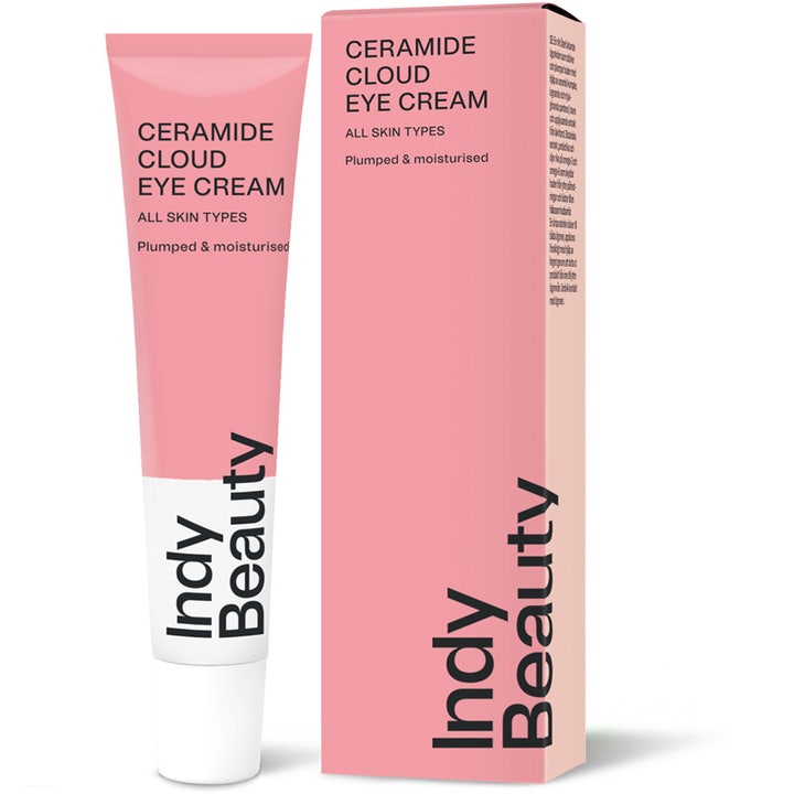 Indy Beauty Ceramide Cloud Eye Cream 15 ml fugtgivende øjencreme i lyserød tube og æske der giver fylde