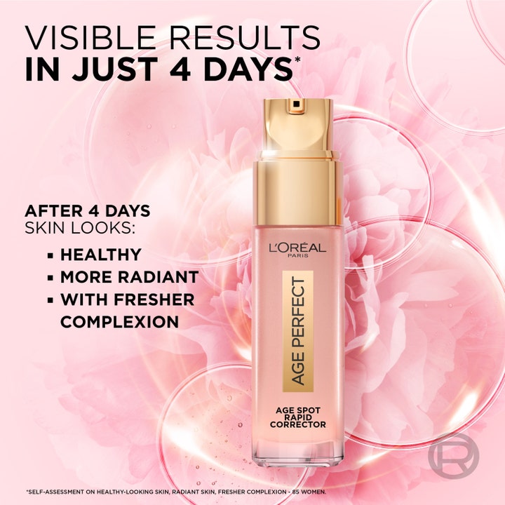 L'Oréal Paris Age Perfect 30 ml serum mod pigmentpletter i guldflaske med lyserøde blomster