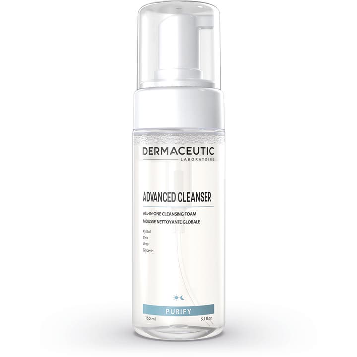 Dermaceutic Advanced Cleanser 150 ml renseskum der renser huden i en klar flaske med hvid skumpumpe og låg