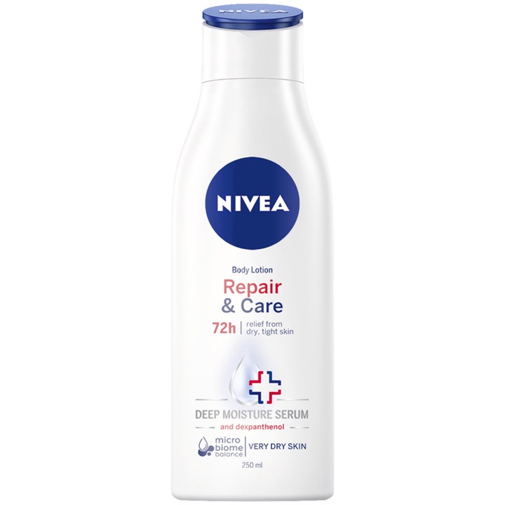 NIVEA Repair & Care Body Lotion 250 ml fugtgivende kropspleje i hvid flaske med dexpanthenol og blåt låg