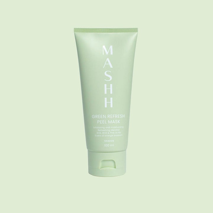 MASHH Green Refresh Peel Mask 100 ml vegansk eksfolierende ansigtsmaske i lysegrøn tube med AHA BHA PHA syrer.