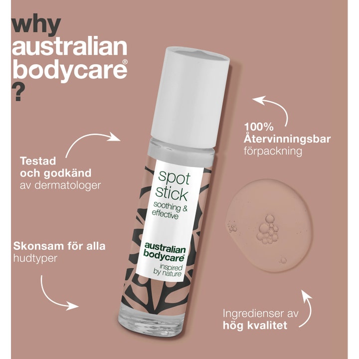 Australian Bodycare Spot Stick 9 ml beroligende spot treatment i klar tube med hvidt låg og dråbe af klar væske