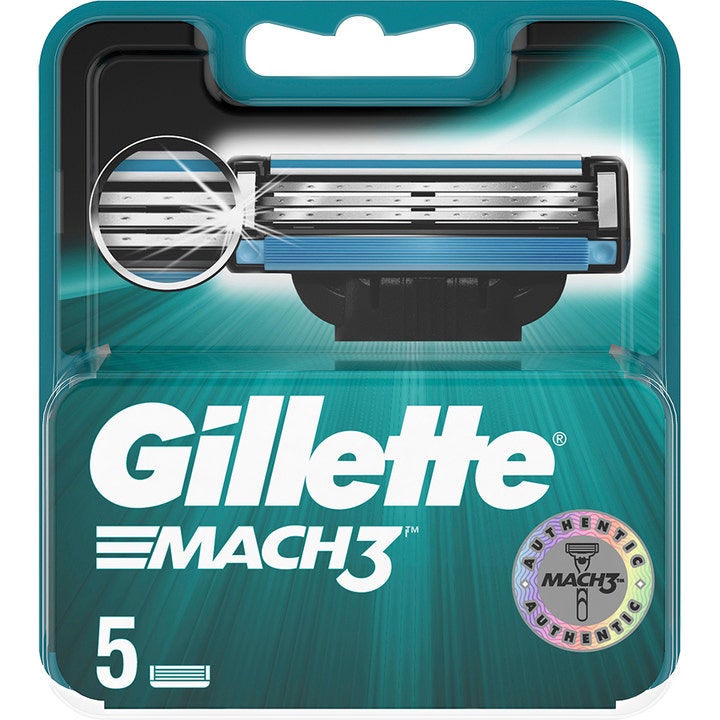 Gillette Mach3 5 stk. barberblade til tæt barbering i teal emballage med fokus på de tre blade og blå stribe