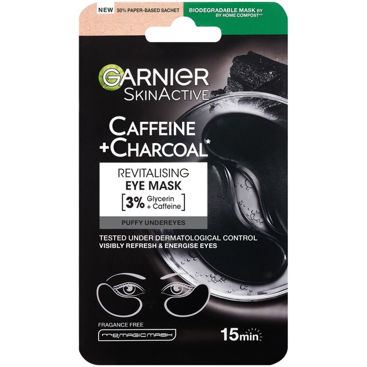 Garnier SkinActive Caffeine + Charcoal Revitalising Eye Mask opfriskende maske i sort sachet med kulsorte patches.