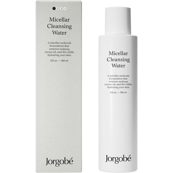 Jorgobé Micellar Cleansing Water 150 ml fugtgivende ansigtsrens i hvid minimalistisk flaske og æske