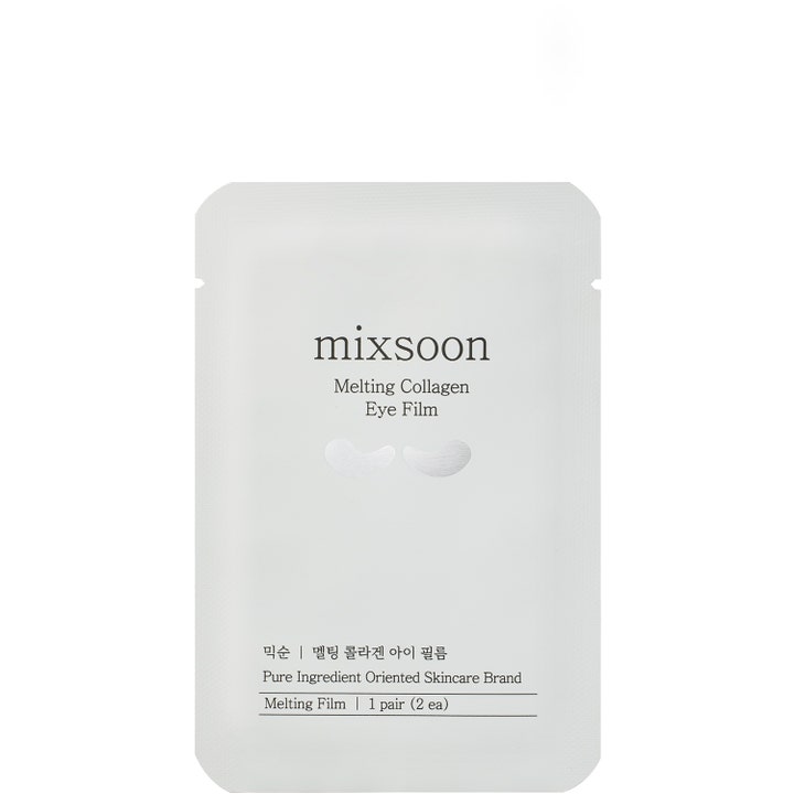 Mixsoon Melting Collagen Eye Film 1 par opstrammende øjenmaske i hvid sachet med sølvfarvede ikoner