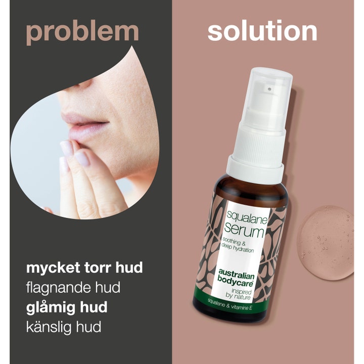 Australian Bodycare Squalane Serum 30 ml til tør hud i brun glasflaske med pumpe og tekst om løsninger.