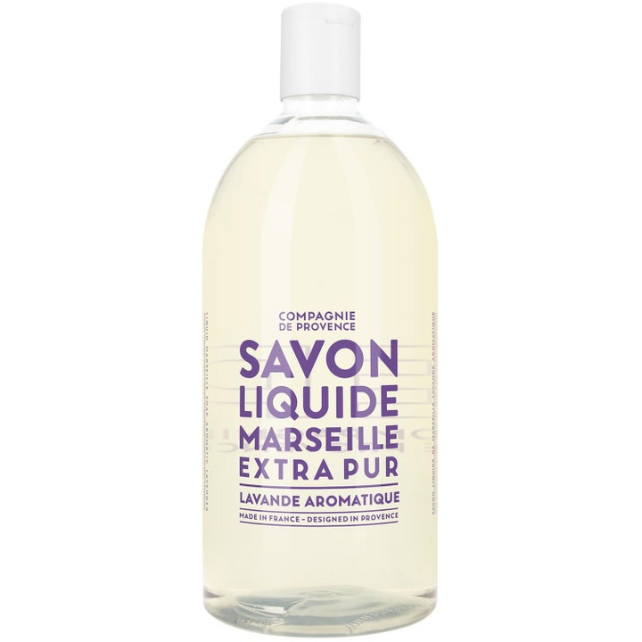 Compagnie de Provence Savon Liquide Marseille Lavande 1000ml flydende sæbe i klar plastflaske med hvidt skruelåg