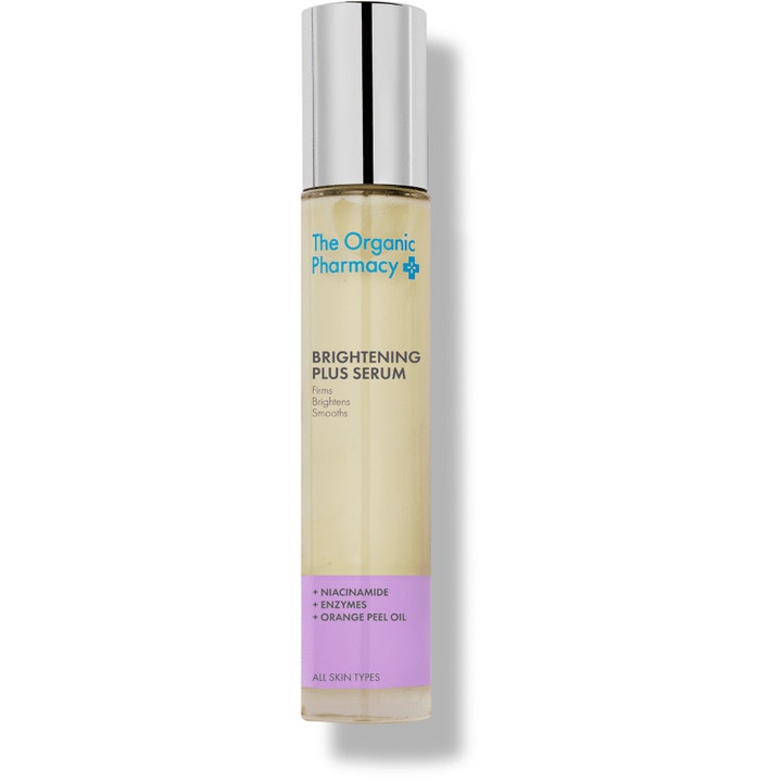 The Organic Pharmacy Brightening Plus Serum 30ml opstrammende ansigtsserum med niacinamid i slank glasflaske med sølvlåg