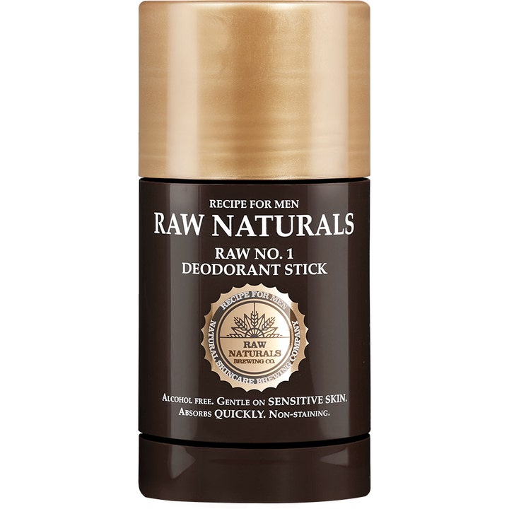 Raw Naturals Raw No. 1 Deodorant Stick 75ml modvirker lugt i en brun emballage med et flot guldfarvet låg.