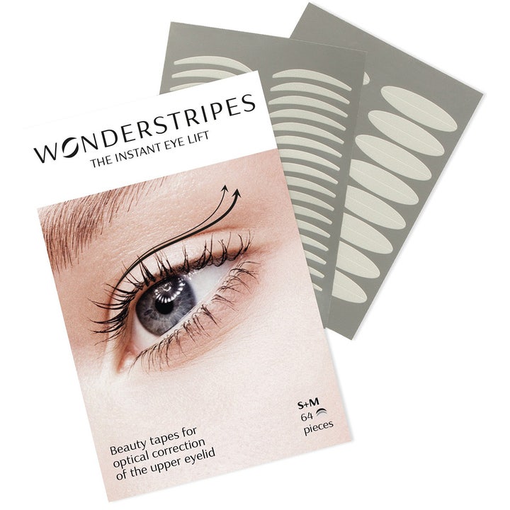 Wonderstripes The Instant Eye Lift 64 stk giver øjeblikkeligt øjenløft vist med hvid emballage og korrektionstapes.
