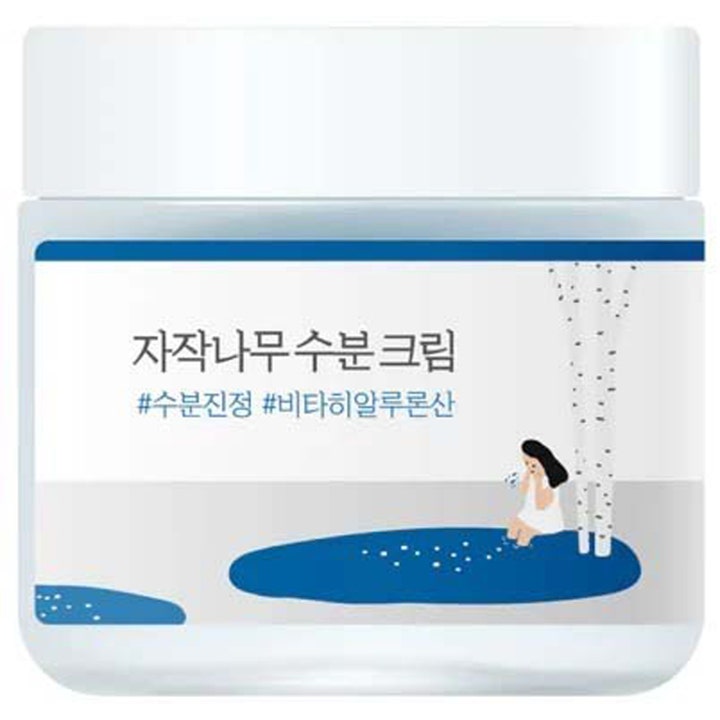 Round Lab Birch Juice Moisturizing Cream 80ml fugtgivende ansigtscreme i hvid krukke med illustration af birketræer.