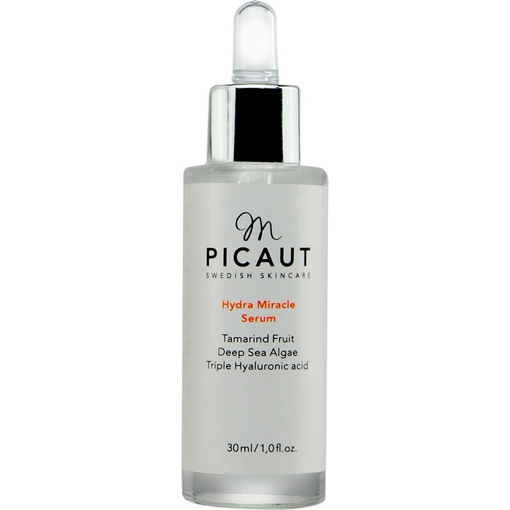 M. Picaut Hydra Miracle Serum 30 ml fugtgivende ansigtsserum i klar glasflaske med hvid label og sølvfarvet pipette.
