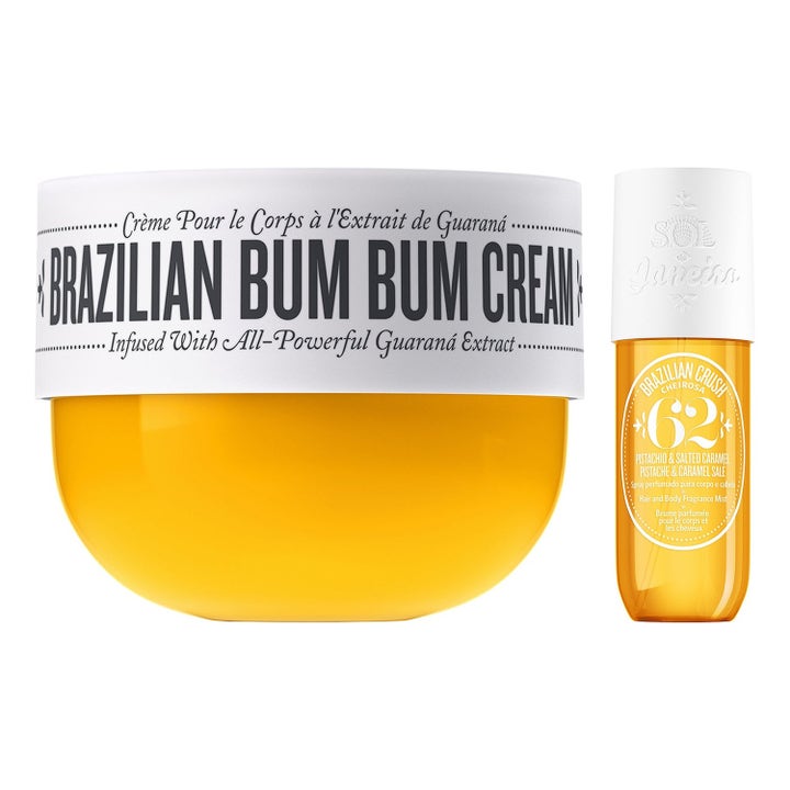 Sol de Janeiro Brazilian Bum Bum Cream og Mist opstrammende kropspleje i gul krukke og orange sprayflaske