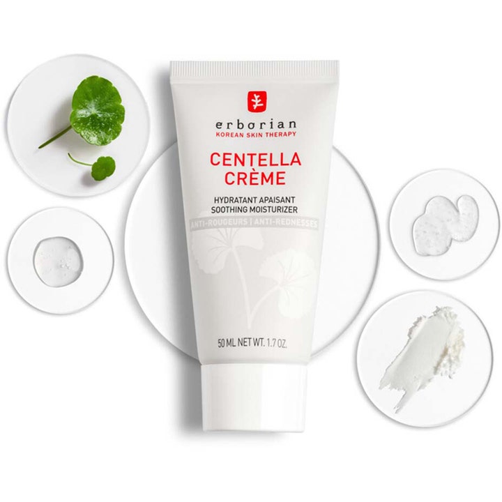 Erborian Centella Creme 50 ml beroligende ansigtscreme mod rødme i hvid tube med centella-blade og tekstur.