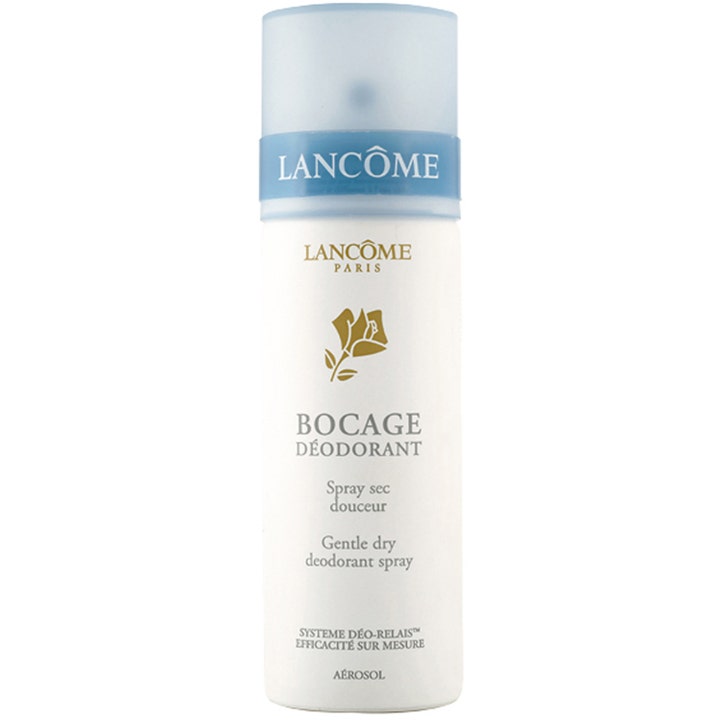 Lancôme Bocage Deodorant Spray 125ml skånsom deodorant i hvid flaske med guldrose og lyseblåt gennemsigtigt låg.