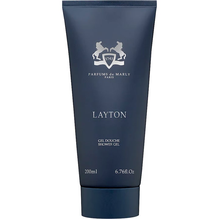 Parfums de Marly Layton 200ml luksuriøs shower gel i en mat mørkeblå tube med sølvfarvet emblem og tekst