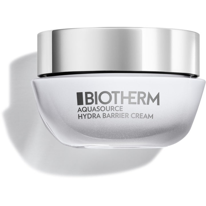 Biotherm Aquasource Hydra Barrier Cream 50 ml fugtgivende ansigtscreme i frostet glaskrukke med sølvlåg