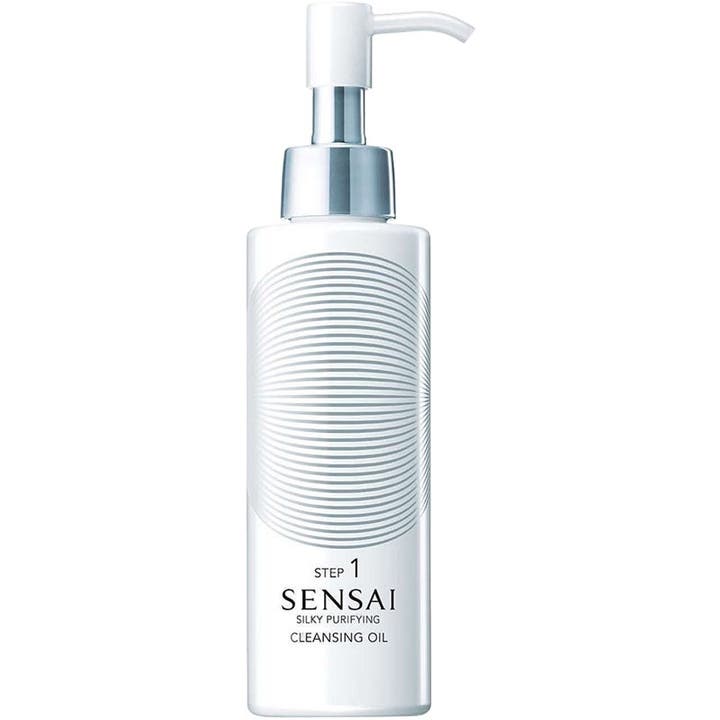 Sensai Silky Purifying Cleansing Oil renseolie fjerner urenheder i elegant hvid flaske med sølvpumpe og linjemønster