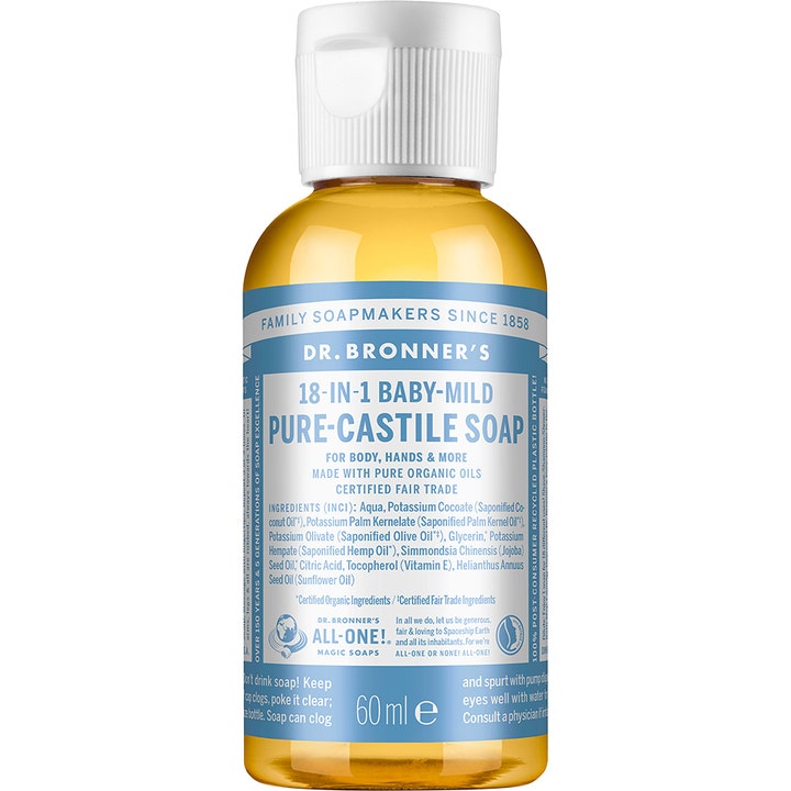 Dr. Bronner's 18-In-1 Baby-Mild Pure-Castile Soap 60 ml flydende sæbe i gennemsigtig plastflaske med lyseblå etiket