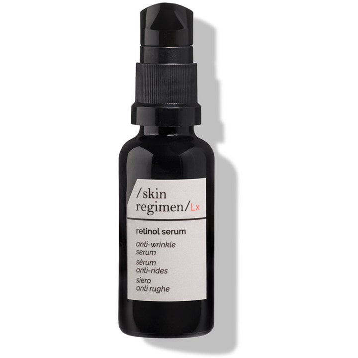/skin regimen/Lx Retinol Serum 25ml anti-wrinkle serum i en sort glasflaske med sort pumpelåg og hvid label.