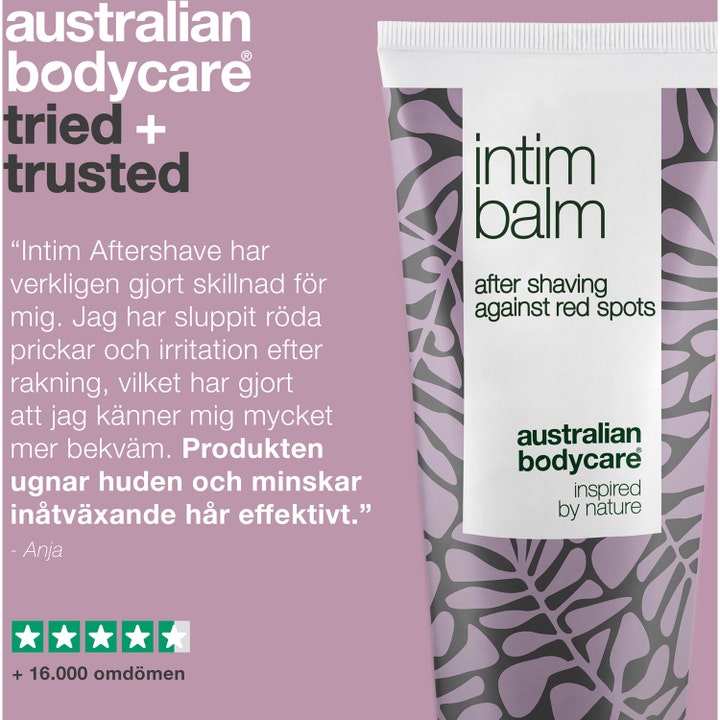 Australian Bodycare Intim Balm 100 ml intimpleje mod røde knopper vist med kundeanmeldelse og hvid tube.