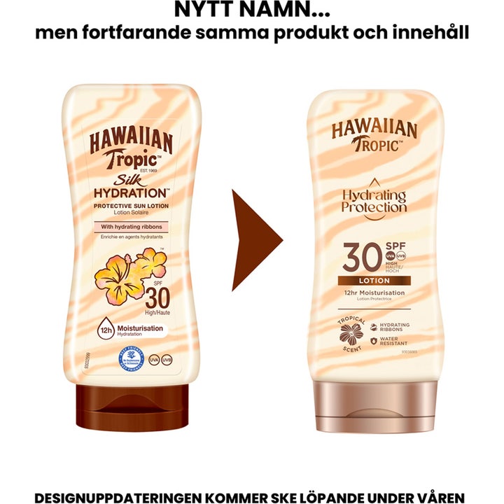 Hawaiian Tropic Hydrating Protection Lotion 180 ml fugtgivende solcreme viser nyt design og hvirvlet tekstur