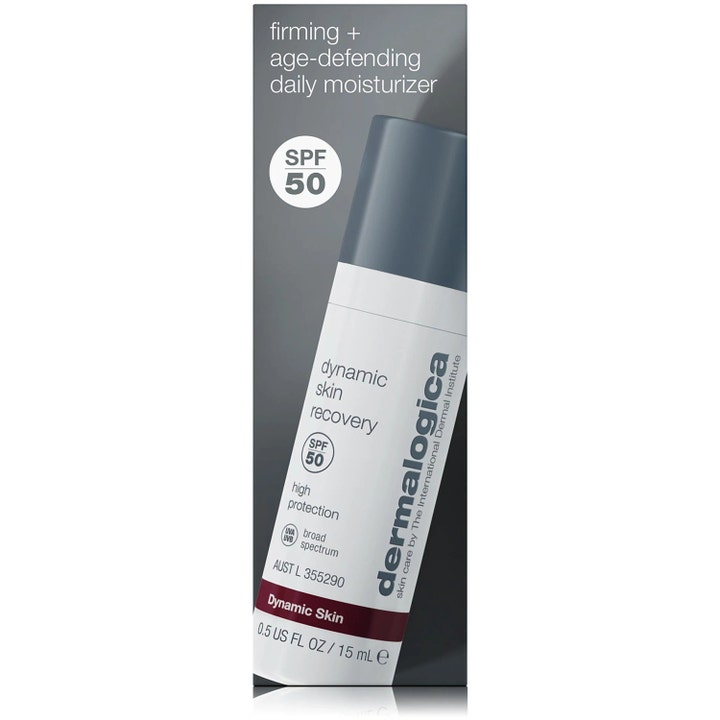 Dermalogica Dynamic Skin Recovery SPF50 15 ml opstrammende dagcreme i hvid tube og grå æske med høj solbeskyttelse