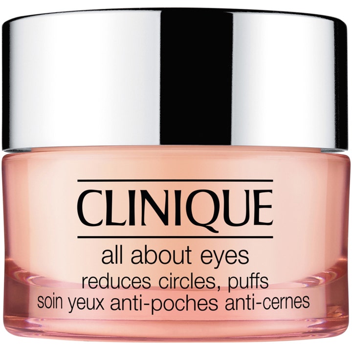 Clinique All About Eyes øjencreme mod mørke rande og hævelser i en lyserød glaskrukke med skinnende sølvlåg