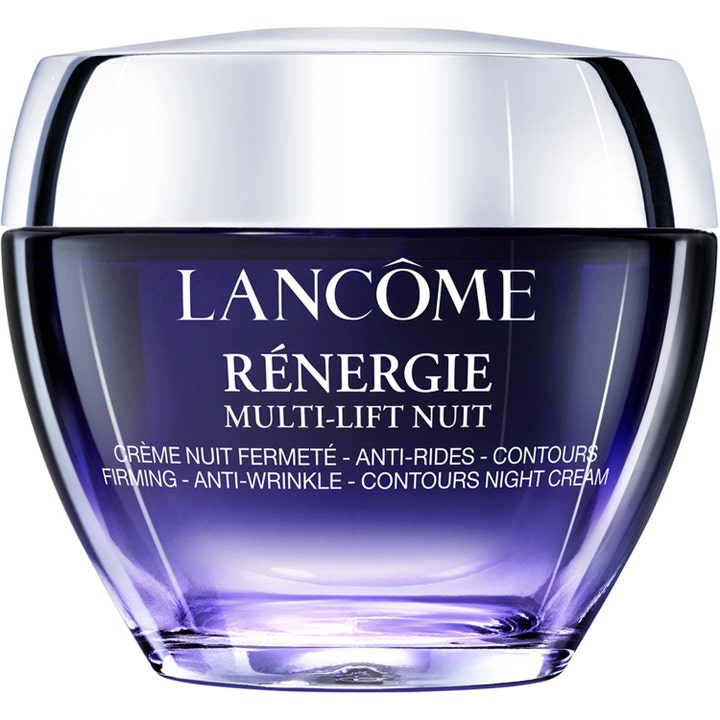 Lancôme Rénergie Multi-Lift Nuit opstrammende natcreme mod rynker i en dyblilla glaskrukke med sølvlåg